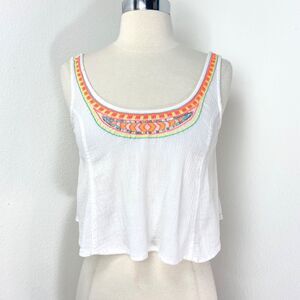 Decree White Cotton Tank Top Small Crop Cami Sequins Embroidered Festival Boho